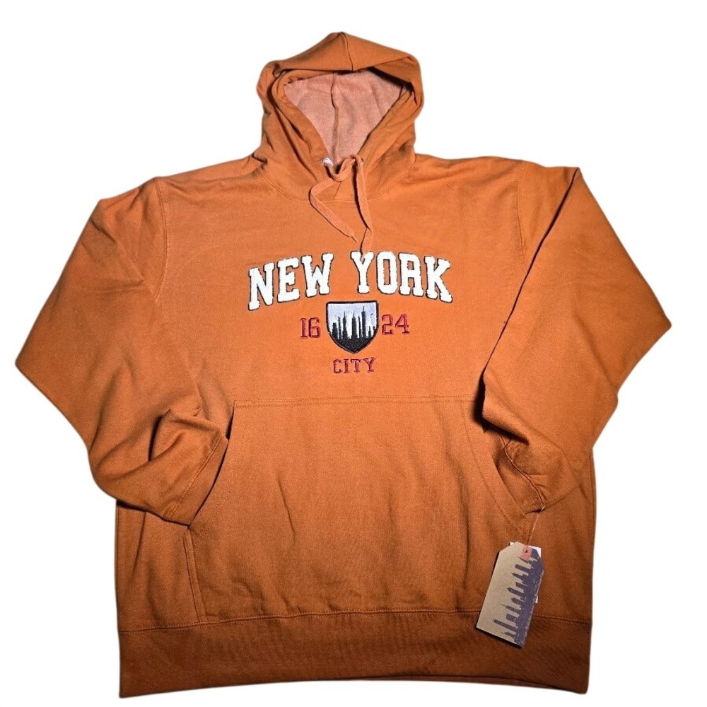 New York Popular Mens XL Orange Embroidered NYC Skyline Hoodie Sweatshirt NWT